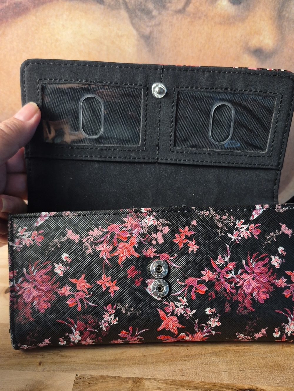 Black Floral Women's Wallet Clutch with Pink Accents